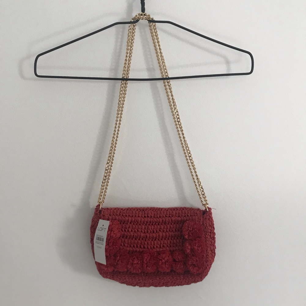 Loft Paper Straw PomPom Shoulder Bag Red Gold NEW
